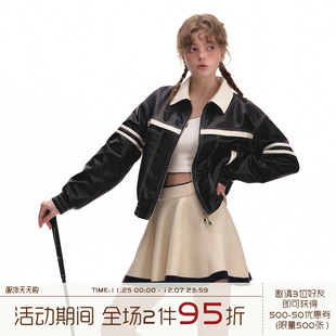 ns762023秋季拼接短款拉链夹克设计感皮衣，外套女小个子女生