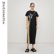 zhuchongyun2022夏季水墨印花纯棉短袖圆领，黑色连衣裙女夏