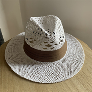 夏季白色礼帽镂空巴拿马草帽遮阳大沿防晒沙滩帽，子女夏天爵士帽潮