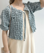 日系女装夏季设计感小众凹凸格子空调衫圆领泡泡短袖系带开衫T恤