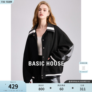 Basic House/百家好撞色拼接短外套女2024春季廓形夹克上衣