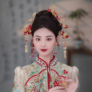 新娘头饰新中式红色花朵，小扇流苏发簪盘发旗袍秀禾服晨袍结婚发饰