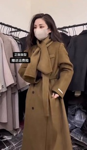 韩国高端围巾领正肩系带双面，羊绒大衣2023年显瘦羊毛外套冬季