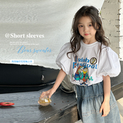 女童泡泡袖上衣夏装2024韩版洋气，中大童印花短袖女宝夏季上衣