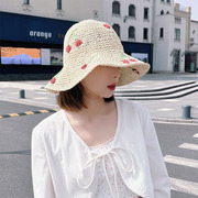 甜美可爱樱桃草帽，女夏季海边度假沙滩遮阳帽手工，编织户外防晒帽子
