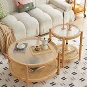 北欧圆形桌实木玻璃，茶几组合家用小户型客厅，日式简约藤编小圆桌子