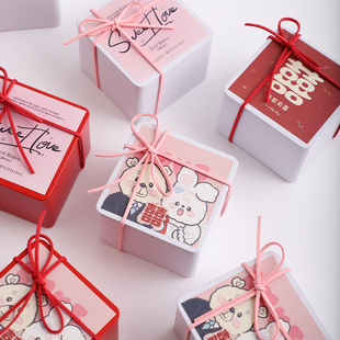 结婚红色小熊马口铁盒喜糖盒子订婚礼可爱创意免折叠可定制糖果盒