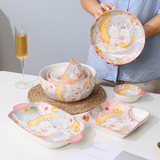 釉下彩可爱萌兔陶瓷碗盘，勺筷餐具组合套装家用卡通，菜盘子饭碗汤碗