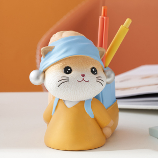 可爱猫咪笔筒摆件办公室桌面装饰学生实用收纳生日礼物女生女孩