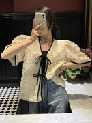 尺码更新chic法式玫瑰花系带，泡泡袖外套，女宽松气质开衫