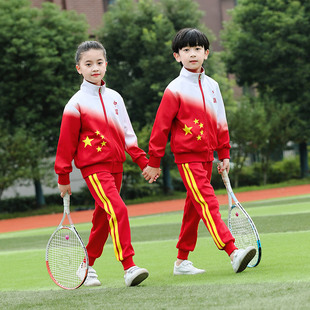 班服小学生校服春秋装中国风红色儿童运动服套装三件套幼儿园园服