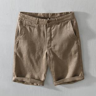 夏季100%纯亚麻男式直筒裤薄款透气短裤，宽松休闲沙滩百搭五分裤潮