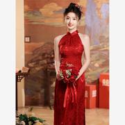新中式旗袍敬酒服新娘，晨袍女红色结婚订婚礼服，裙挂脖无袖露肩夏季