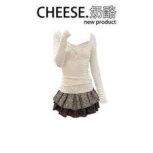 CHEESE 奶酪 纯欲风美式假两件碎花长袖上衣女秋冬复古半身裙套装
