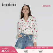 bebe2023春夏系列女士短款草莓印花翻领长袖桑蚕丝雪纺衫180101