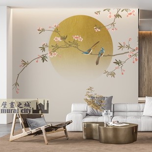 花鸟喜鹊新中式壁纸喜上眉梢古风金色满月墙布工笔国画壁纸背景墙