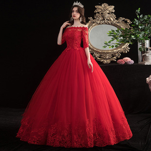 一字肩红色婚纱礼服2023新娘，结中轴齐地大码显瘦公主简约春夏