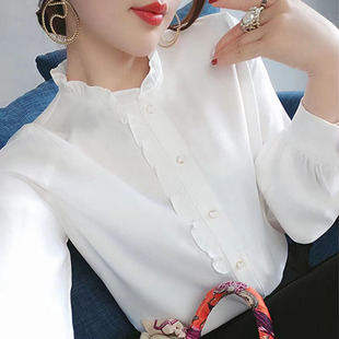 衬衫女白色木耳花边时尚减龄洋气小衫褂外穿衬衣雪纺衫红色上衣女
