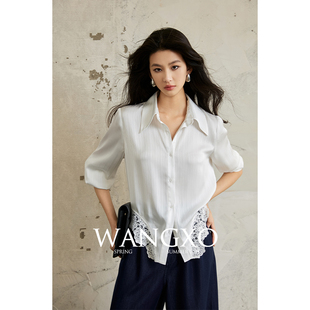 wangxo丨肌理感竖条纹雪纺拼接蕾丝，花边丨法式复古尖角领长袖衬衫