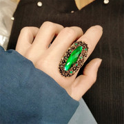 日韩版百搭蓝色时尚欧美复古绿色大宝石，个性潮人夸张食指戒指环女