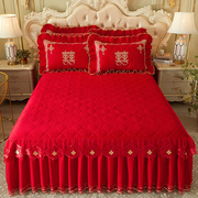 婚庆大红色全棉夹棉床裙床罩单件纯棉床单加厚刺绣花边保护套防滑