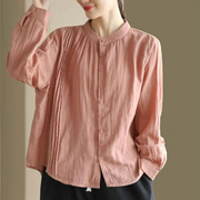 宽松版双层棉纱风琴衬衫，女2023秋季复古纯色立领长袖衬衣