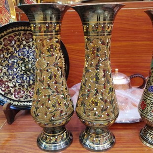 巴基斯坦手工艺品铜器铜雕10英寸情侣铜花瓶家居装饰摆件