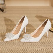 313233小码白色，蕾丝高跟鞋女细跟尖头，水晶鞋法式气质新娘婚鞋