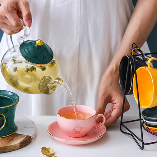潮祥北欧陶瓷下午茶花茶具耐热玻璃，茶壶煮花草水果茶哑光杯碟套装