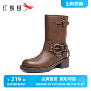 红蜻蜓棕色骑士靴2023秋冬季女鞋朋克长筒靴，机能风复古靴子潮