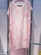 粉色睡衣女女款睡裙，v领丝质中长短袖睡裙