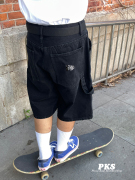 街头滑板工装男士黑色短裤休闲宽松牛仔短裤男夏季印花复古vx1000