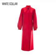 白领女冬季红色羊毛，双面立领灯笼袖暗门襟，长羊毛大衣e-lovm16-906