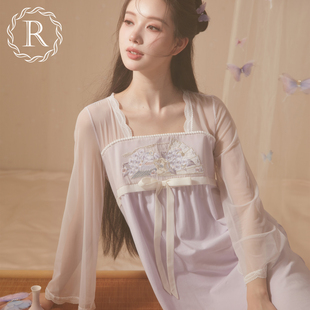 rosetree汉服睡裙女春秋季长袖，长款国风古风纯棉睡衣2023年