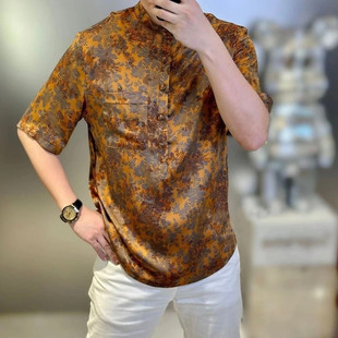 2023夏季高端唐装男中国风民族服装男枫叶复古风，套头短袖t恤