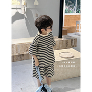 虾酱麻麻男童短袖条纹套装，夏季2024中大童休闲韩版儿童薄上衣