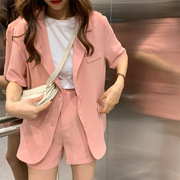 2023夏季超薄中袖垂感雪纺，外套小个子薄款网红粉色西装套装女