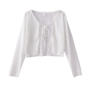 夏季日系甜美系带宽松短款薄款透气长袖蕾丝白色开衫外套上衣