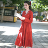 微笑向暖新中式国风连衣裙红色，长袖中长款刺绣全棉，旗袍长裙2024春