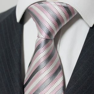 粉色灰白条纹真丝领带，男正装7cm桑蚕丝，手打纳米防水领带bz7002
