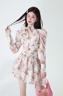 玫瑰蝴蝶结系带ｖ领长袖不规则裙摆连衣裙