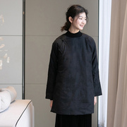 新中式黑色棉服女中长款天丝，亚麻提花中式斜襟保暖棉衣棉袄a1108