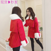 2022冬季韩版中长款收腰毛领工装加绒加厚红色棉衣女牛仔外套