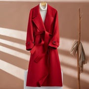 红色女秋冬高级感外套，女2023冬季酒红色双面羊绒大衣女生