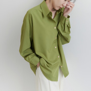 xiner果绿色超显白宽松(白宽松)衬衫女长袖小个子衬衣不易皱chic春季上衣
