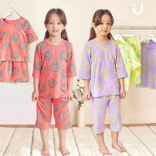 儿童睡衣女童夏季薄款纯棉竹节，棉中袖七分袖，女孩家居服女宝宝套装