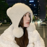 冬季帽子女甜美可爱三球毛线帽保暖护耳时尚百搭针织帽围脖套装