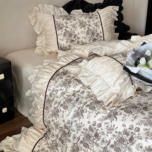 琼花漫野︱法式复古全棉，印花四件套纯棉，斜纹褶皱花边被套床单床品