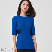 AtelierMissLu上海设计师品牌女装宝蓝色收腰连衣裙法式复古