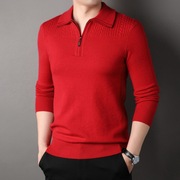 2023秋冬中年毛衫套头长袖，商务立领拉链，t恤男式针织打底衫红